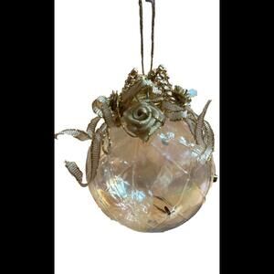 VTG Holiday Handblown Handmade Glass Orb Ornament Clear With Gold Accents